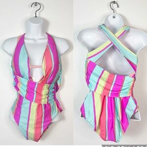 NEW Trina Turk Women's Sol Stripe Wrap Front Plunge One Piece Swimsuit Size 6